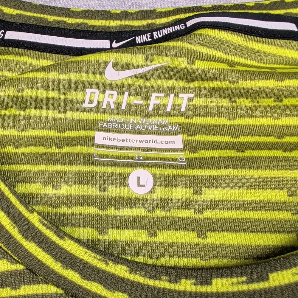 Nike Miler Running Shirt Mens Large Lime Green Striped Dri-FIT 619393-367